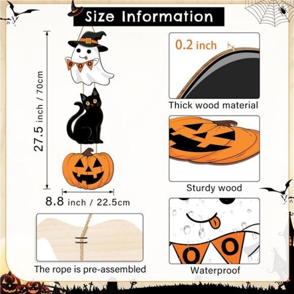 Halloween Ghost Black Cat Pumpkin Door Hanging Sign Decorations, 3 Plaques - Picture 3 of 8